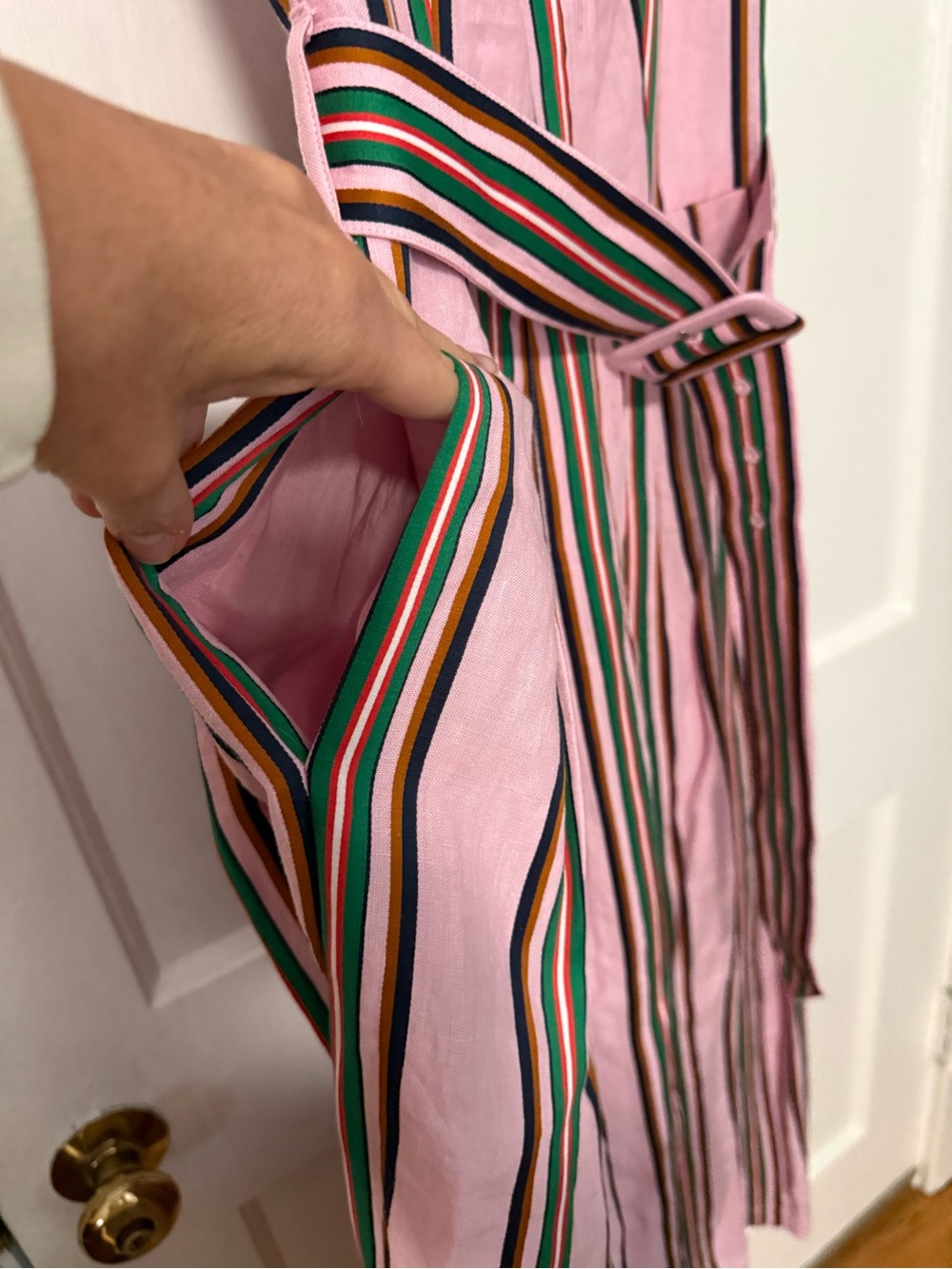 Boden Pink Striped Button Front Maxi Shirt Dress Linen Tie Belt Pockets EUC Sz 6 - Picture 4 of 7